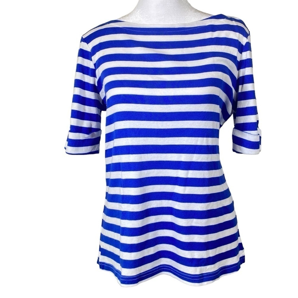 Kim Rogers women's size M Blue white bold striped Nautical coastal pull on top